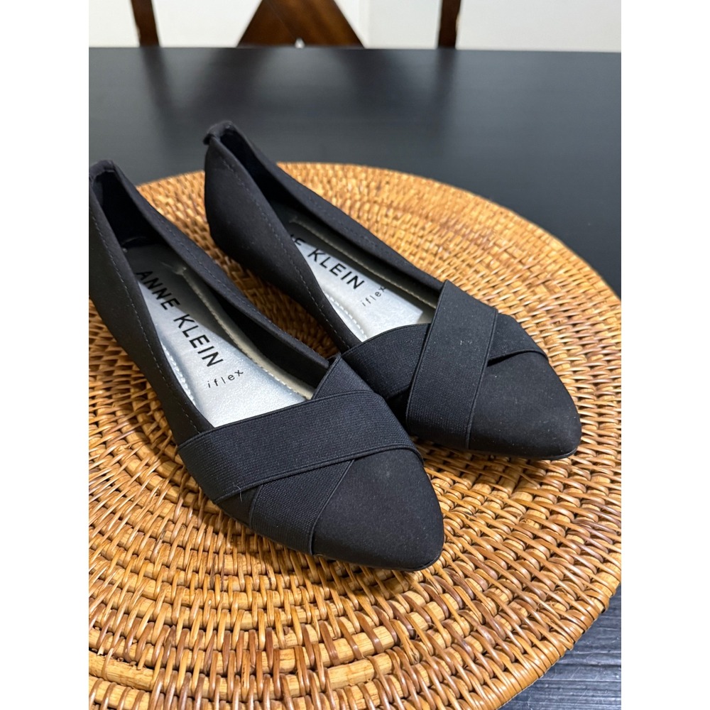 Anne Klein iFlex Black Pointed Toe Crisscross Elastic Strap Flats
